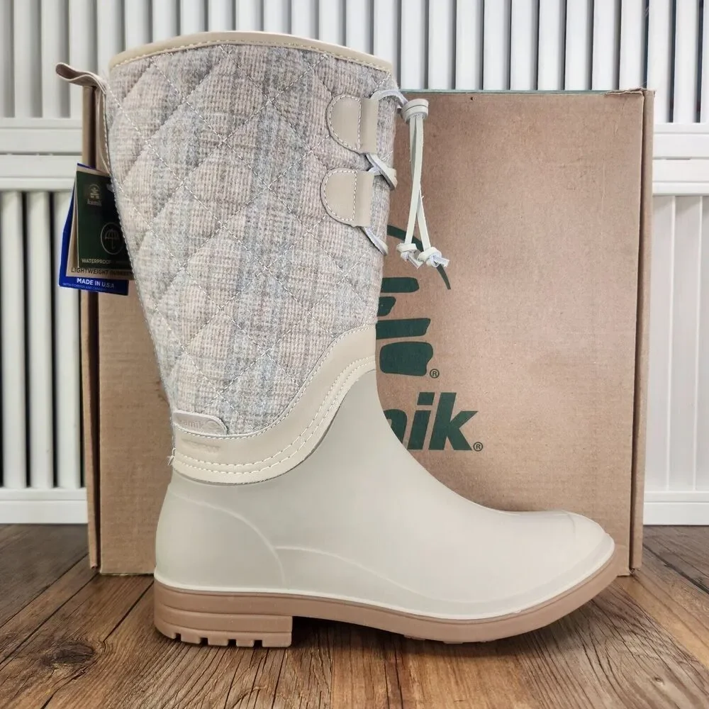Kamik Abigail Oat Womens Size 6 Beige Plaid Quilted Rubber Waterproof Rain Boots